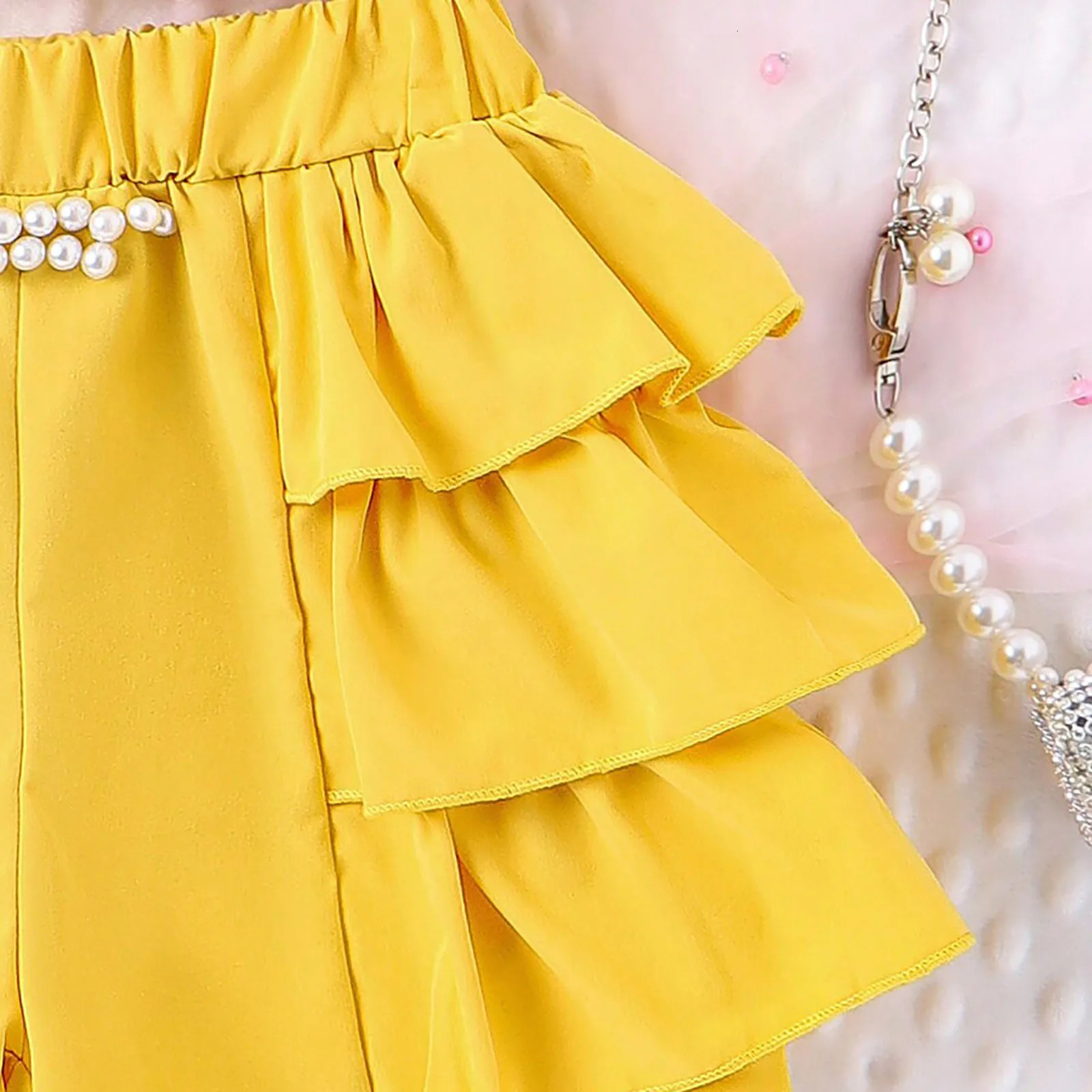 Kids Girls Summer Solid Color Suspender Sleeveless Knot Bow Vest Tops And Stretch Ruffled Shorts 2PCS Outfits Clothes For Girls 250515