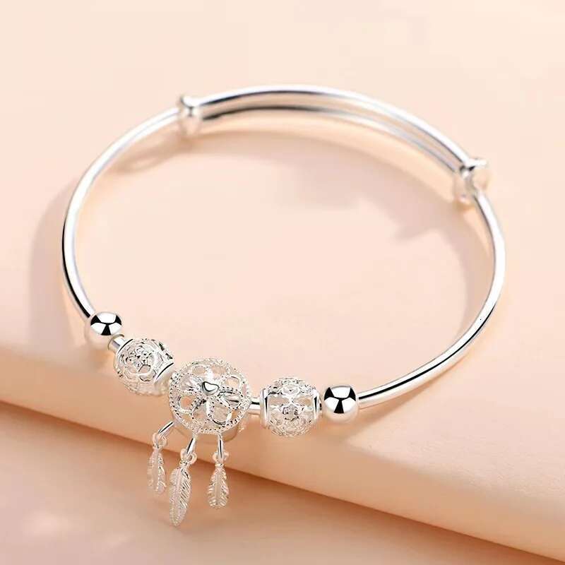 Sterling Sier Bracelets For Women Adjustable Bangle Dreamcatcher Tassel Feather Round Bead Charm Bracelet Wedding Jewelry