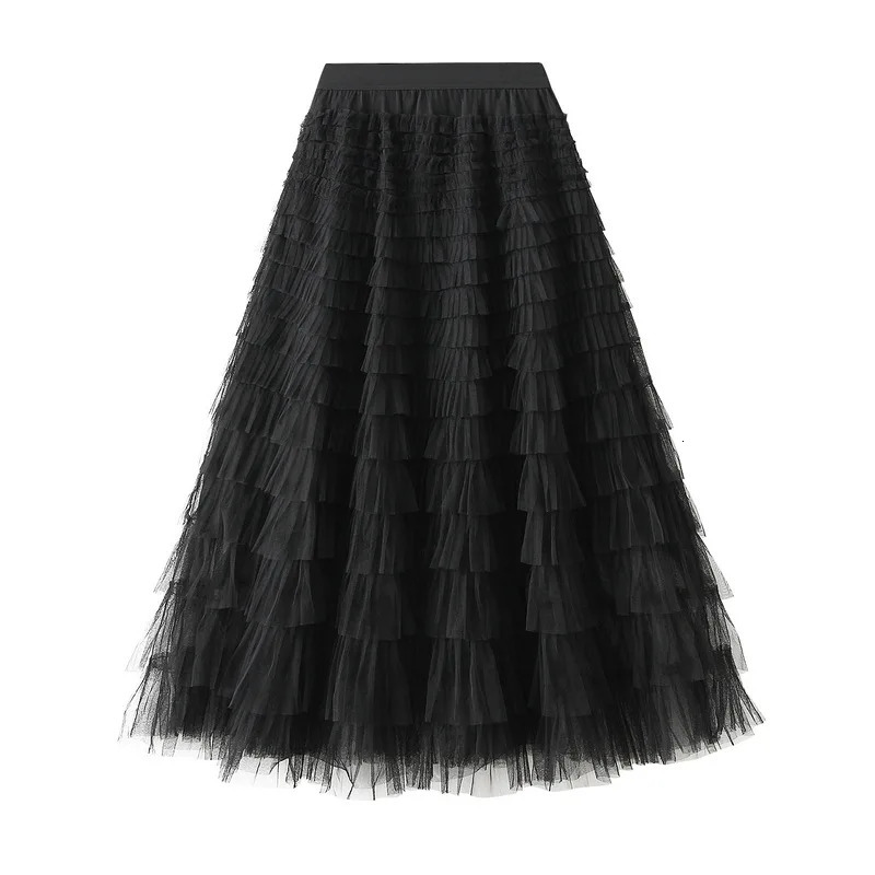 Arrival Tulle Cake Long Skirt Women Spring Summer Ruffle Pleated ALine Chic Ladies Sweet Black White Tutu Skirts 250515