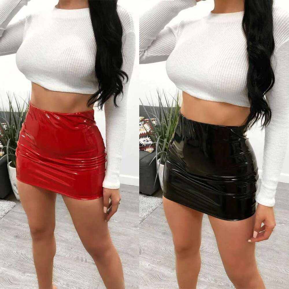 Women PU Leather Red Pink Orange High Waist Slim Pencil Vintage Bodycon Mini Skirts Sexy Clubwear