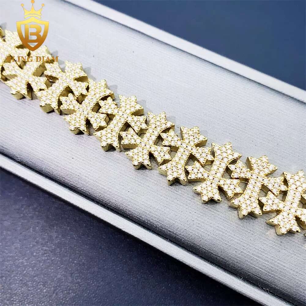 16mm Luxury Jewelry Hip Hop 925 Sterling Silver Moissanite Cuban Link Chain Cross Iced Out Bracelet