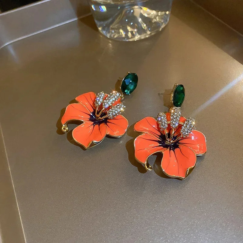 Korean style Orange Enamel Flowers Drop Earrings for Women Girls Green Crystal Dangle Earrings Party Jewelry 250515