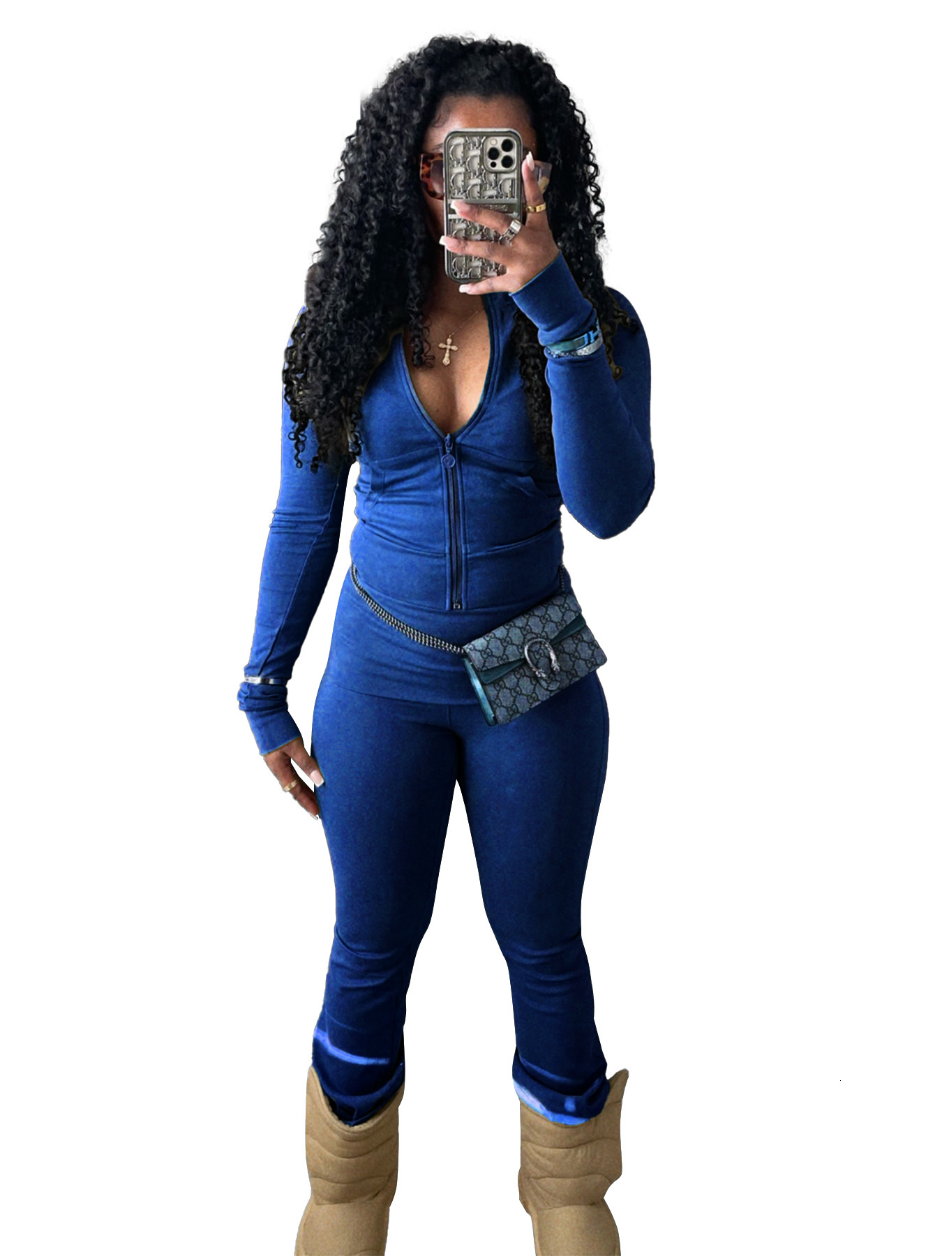 HR24066 Womens Sports and Leisure Tight Zipper Low Waist Folding Micro Horn and Velvet Set