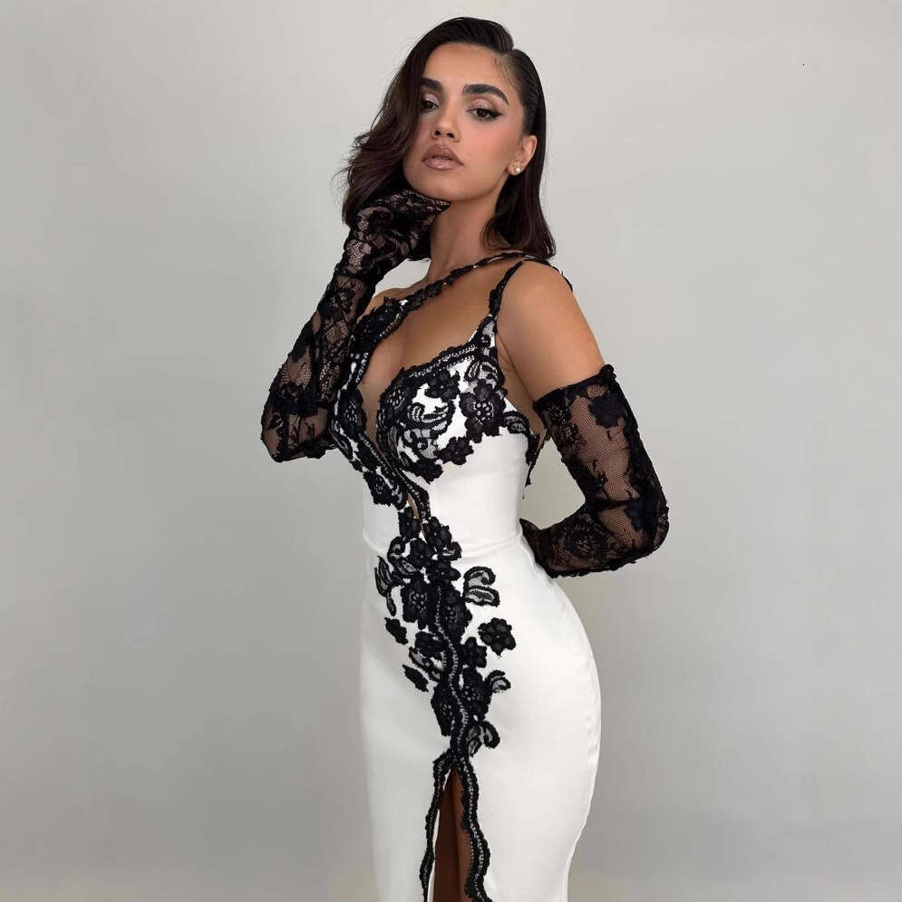 White Dress Maxi Dress Black Lace Gloves Sexy Low Cut Slanted Shoulder White Long Skirt Socialite Party Bandage Dress KQ