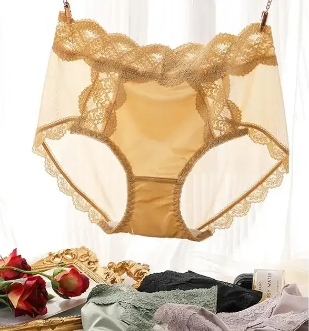 Lace Sexy Panties Underwear Lingerie French Romantic Summer Lace Panties Thin Girls Briefs Gather Belly Ice Satin Silk Lift For Women Hip Mesh Floral 
