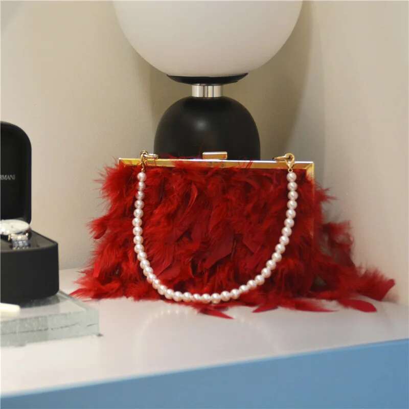Fashion Turkey With Pearls Handles Handbag Clutch Designer Woman Faux Fur Crossbody Shoulder Feather Bridal Bag
