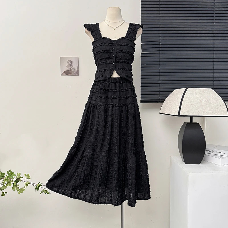 Summer Women Single Breasted Mini Camisole Elastic Waist A Line Long Skirt 2pcs Set Suits Beach Style 250515
