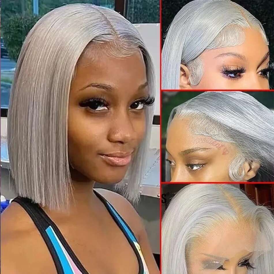 Sier Short Bob Wig Grey Straight 13X4 Lace Transparent Front Wigs Human Hair For Black Women 10 12 14 16 Inch