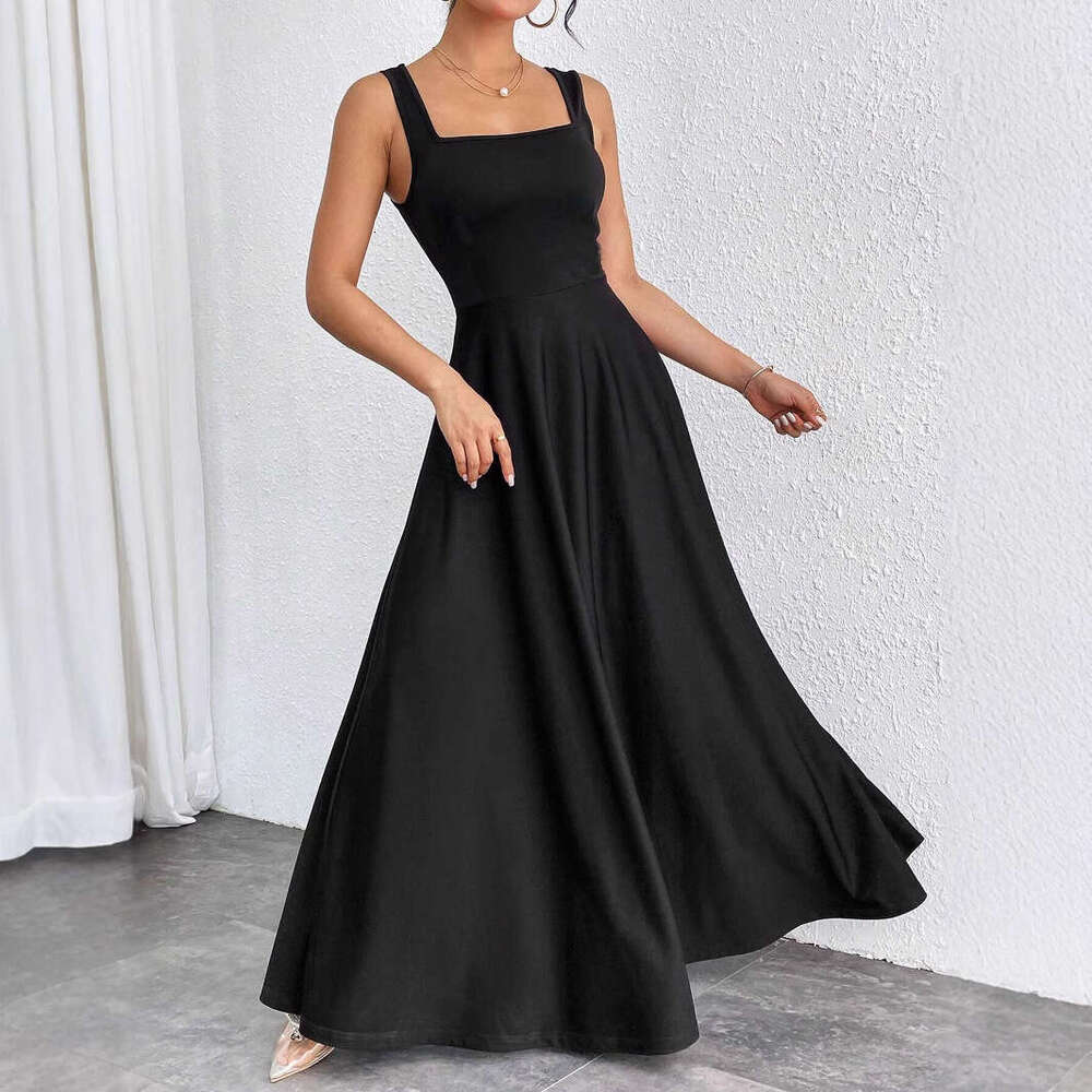 White Dress Maxi Dress Ladies' Summer New Square Neck Sleeveless Top Solid Color Ultra Long Jumpsuit With Loose Waist, Elegant In All Seasons KQ