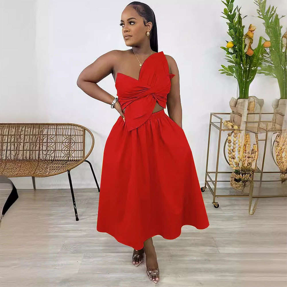 White Dress Maxi Dress S10836 Sexy Solid Color Embracing Single Shoulder Petal Hollow Dress KQ