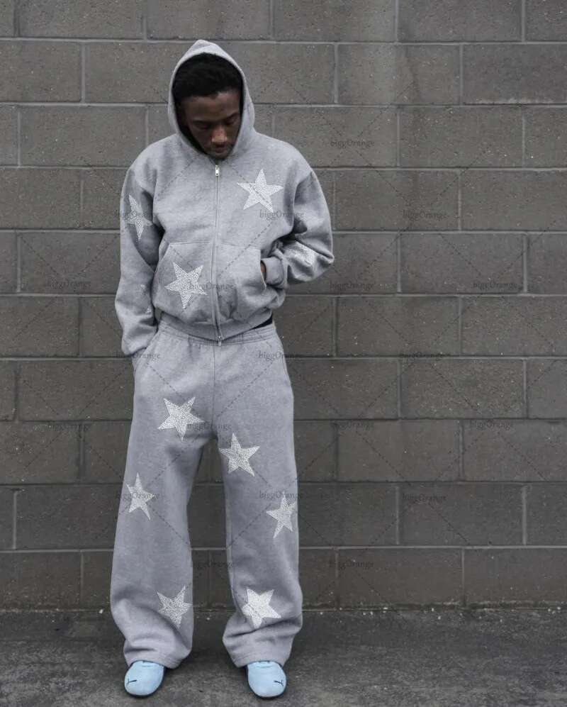 High Street Clothing Fashion Star Pattern Casual Loose Men Set American Retro Haruku Y2K Punk Oversized Sweatshirt