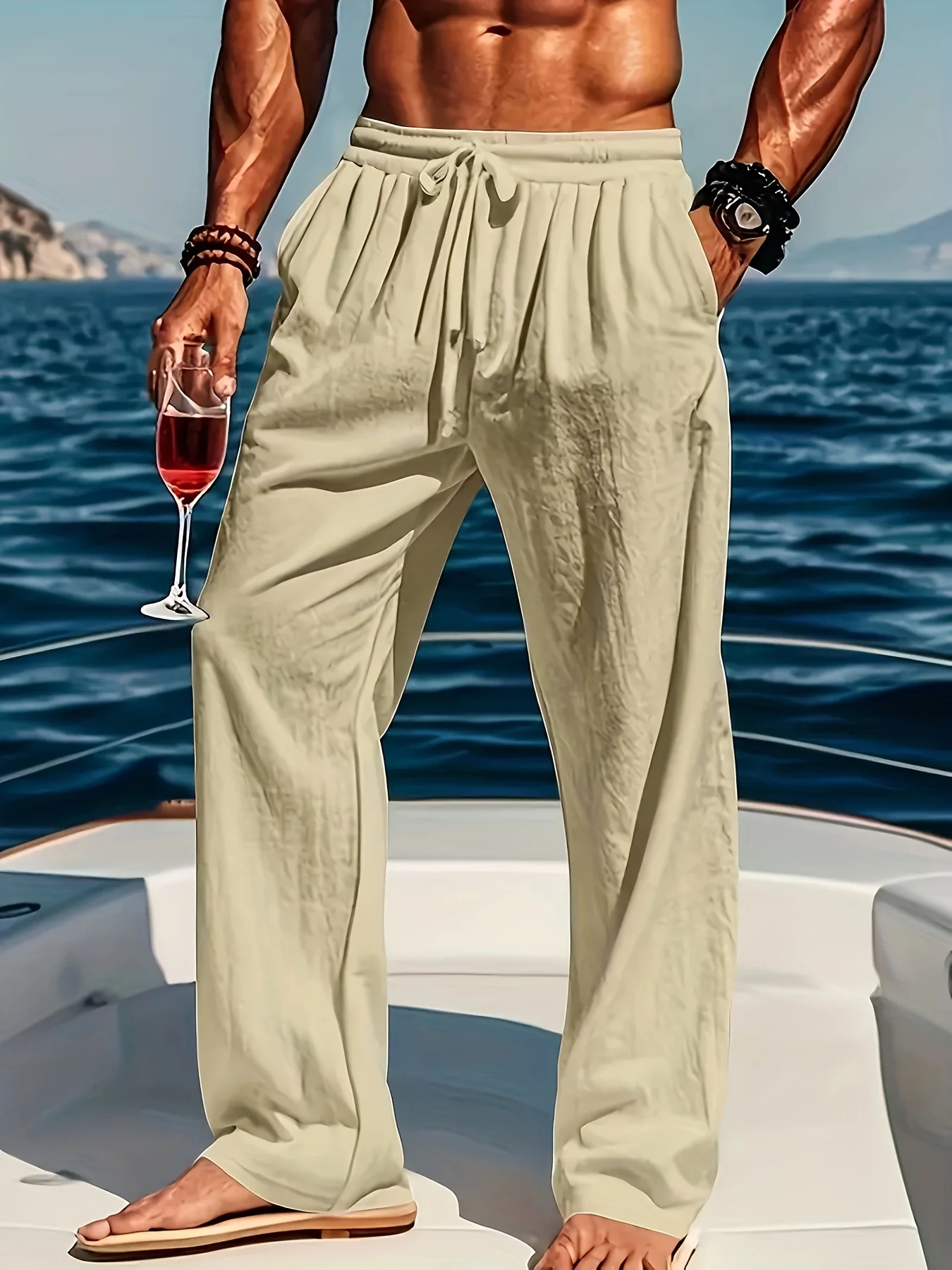 Summer Mens Casual Pants Loose Comfortable Wide Leg Vacation Hawaii With Drawstring Elasticized 250515