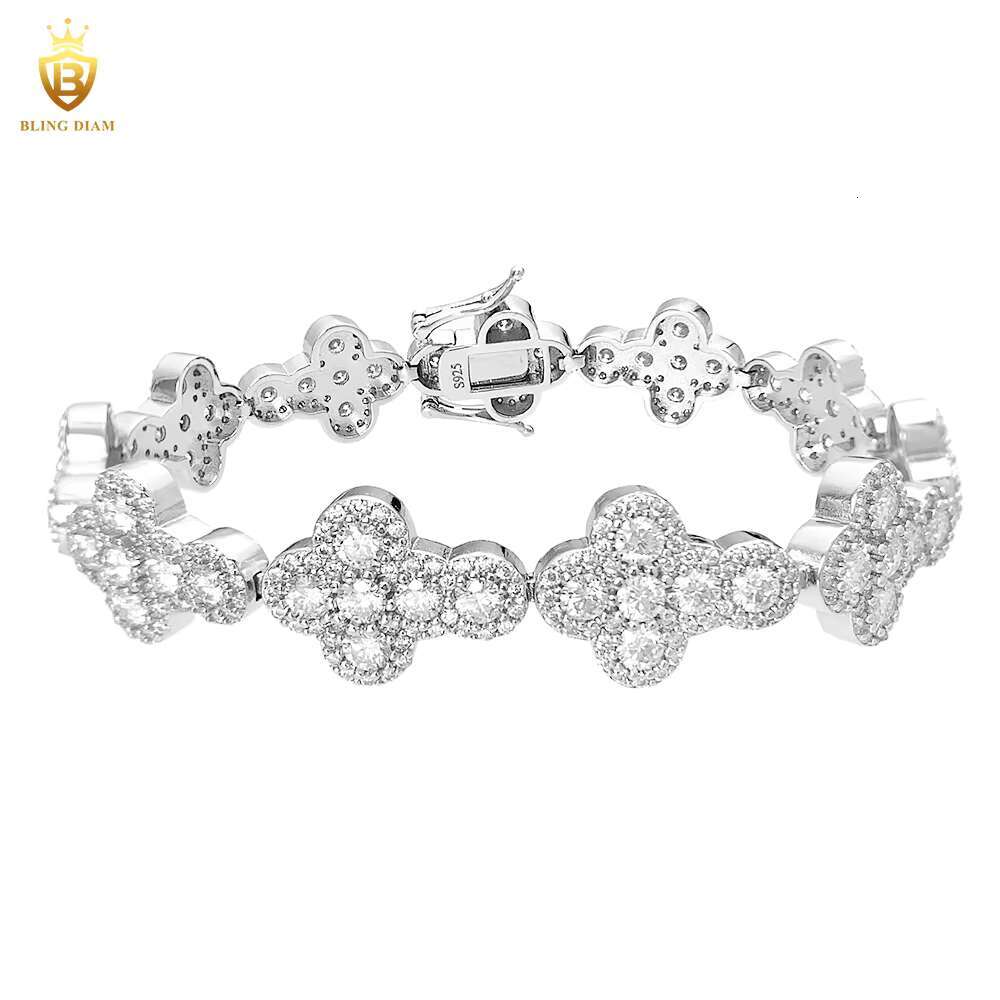 Wholesale Price Jewelry 925 Sterling Silver VVS Moissanite Cuban Link Chain Flower Cross Bracelet 10mm 13mm