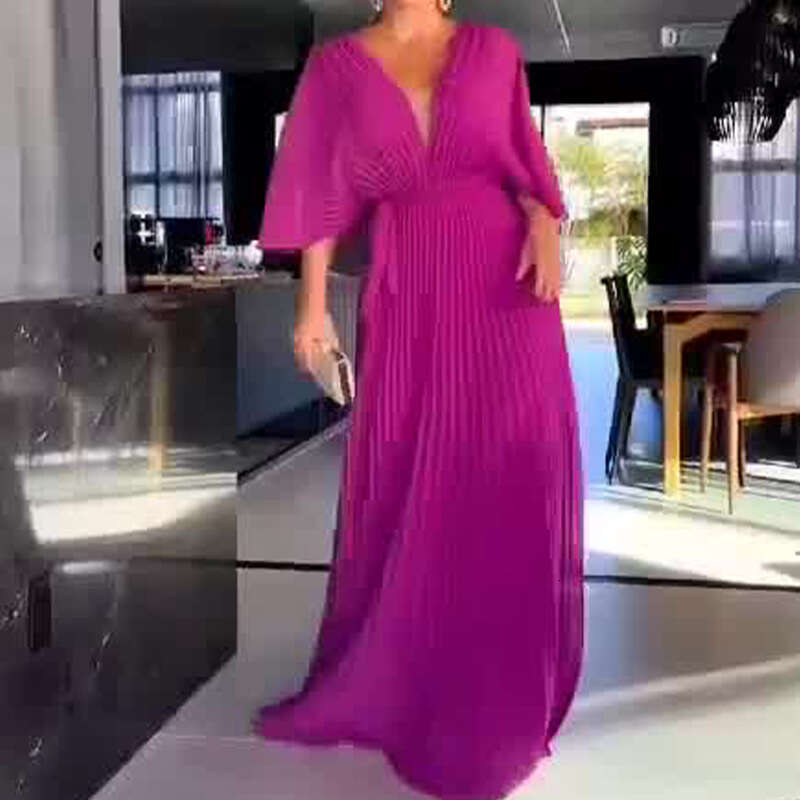 White Dress Maxi Dress 2023 Autumn New Style Solid V-Neck Bat Sleeves High Waist Dress KQ