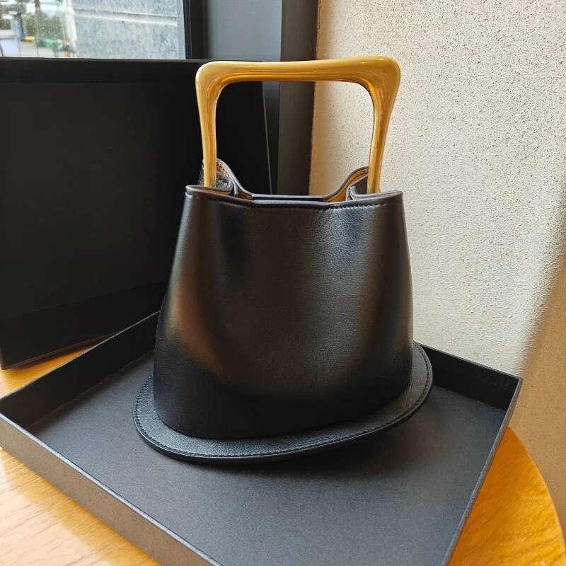 High-Grade Vintage Leather Wooden Handle Bucket New Irregular Niche Design Bag Casual Everything