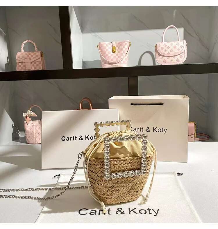 Crystal Dias Metal Handle Women Handbag Straw Woven Handmade Bucket Holiday Vacation Beach Crossbody Casual Bag