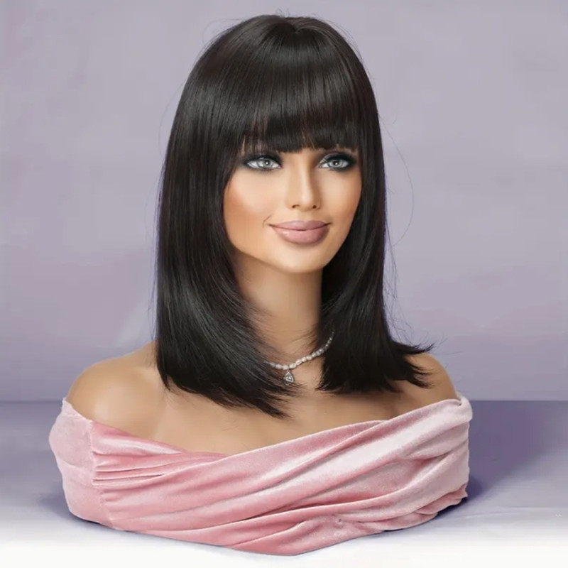 Elegant Female Stylish False Headwear Sleek Black Wigs With Layers & Side Swept Tresses
