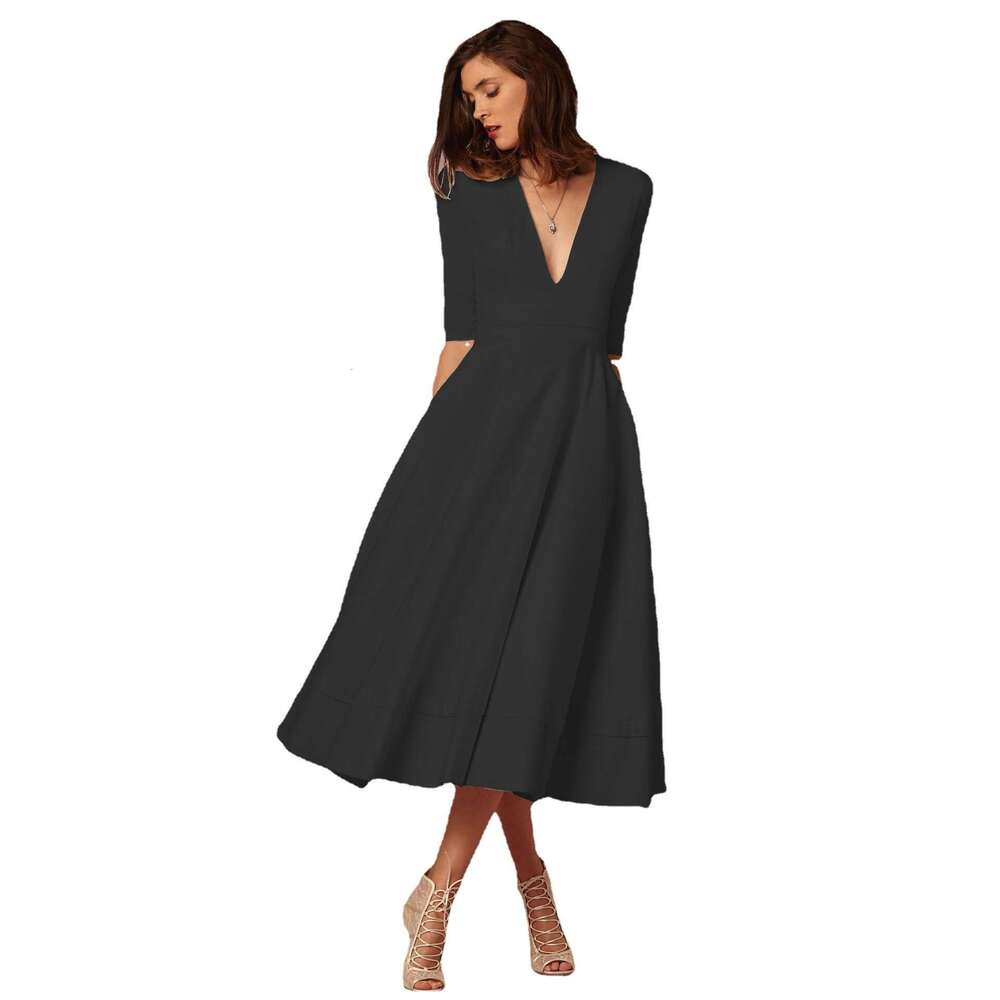 White Dress Maxi Dress 2024 New Women's Evening Sexy Deep V Mid Sleeves Large Hem Dress KQ