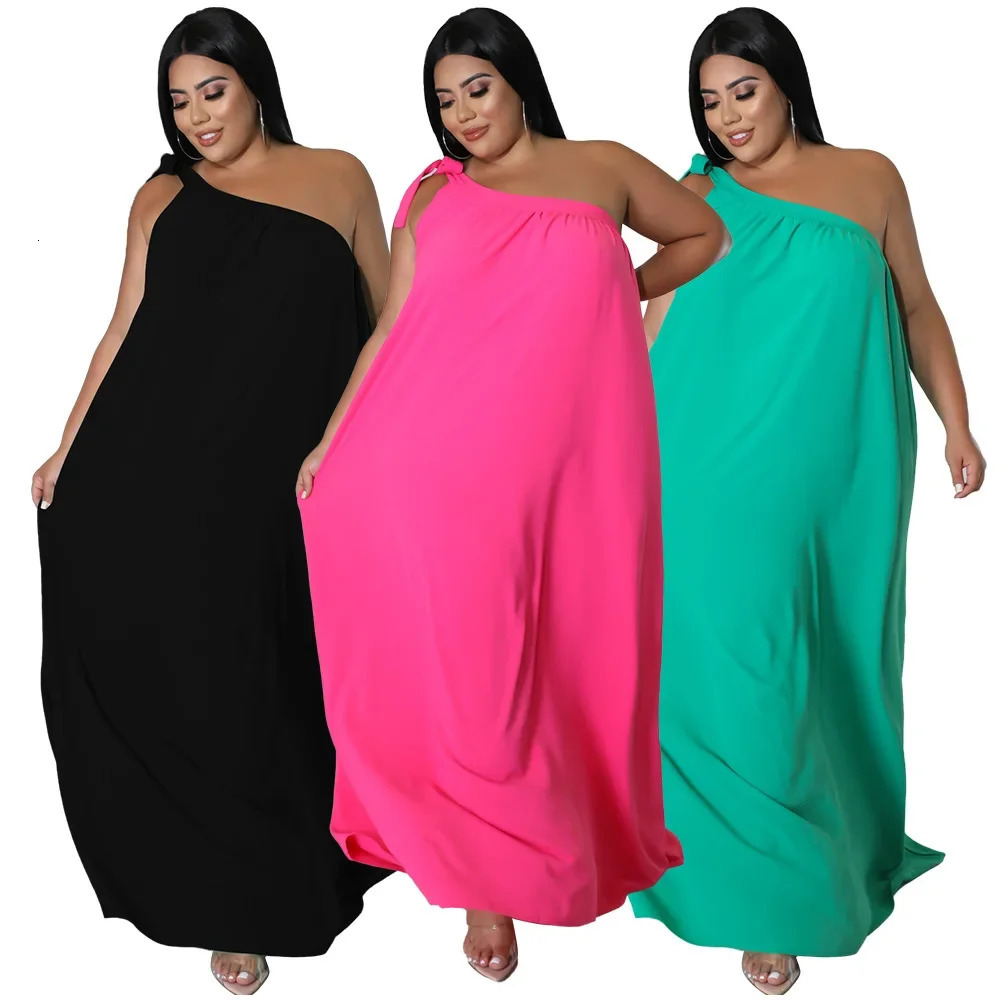 Plus Size Summer Fashion Womens Clothing Strapless Single Shoulder Halter Neck Sexy Open-back Solid Color Long Dress 250515
