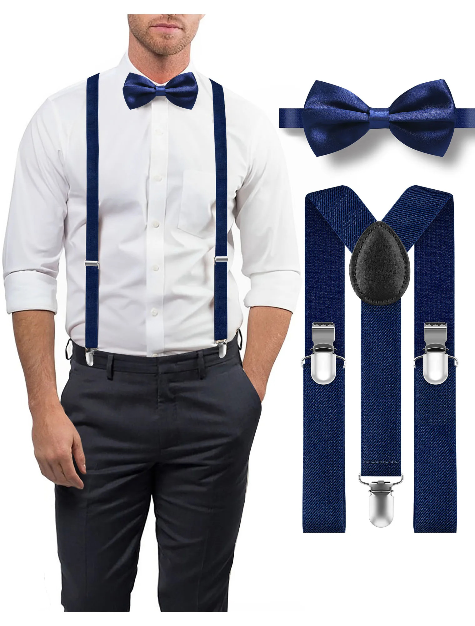 Suspenders Bow Tie Set For Men - Adjustable Size Elastic 1 inch Y Shape with Strong Clips Braces Wide Y Shape Suspenders 250515