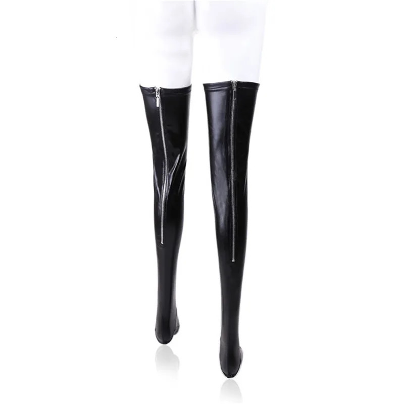 Women Sexy Latex Zipper Stockings Ladys Black PVC Pole Dance Leather Erotic Clubwear Length Over Knee High Stockings 250515