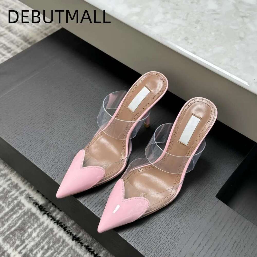 Real leather transparent toe cap sandals for women with slim heels, spring and summer new style French heart-shaped pointed high