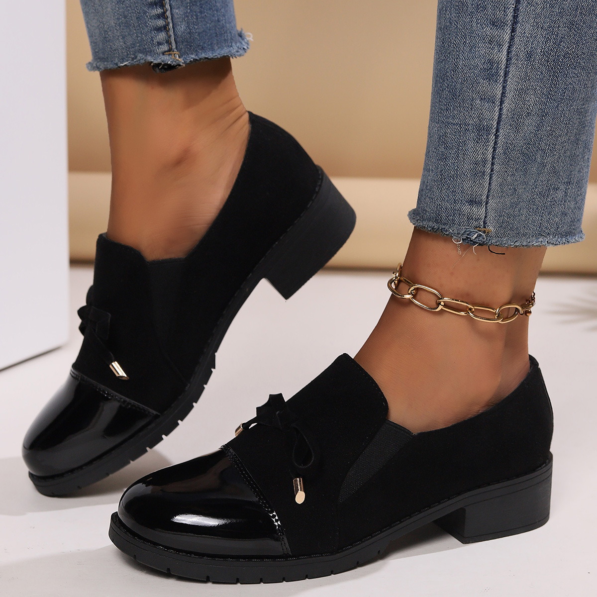 Women Plus Size Four Season Singles Korean Version Women S Leather Shoes New Style Thick Heel Round Casual Shoes Toe Bow Tie Ddmysaturn