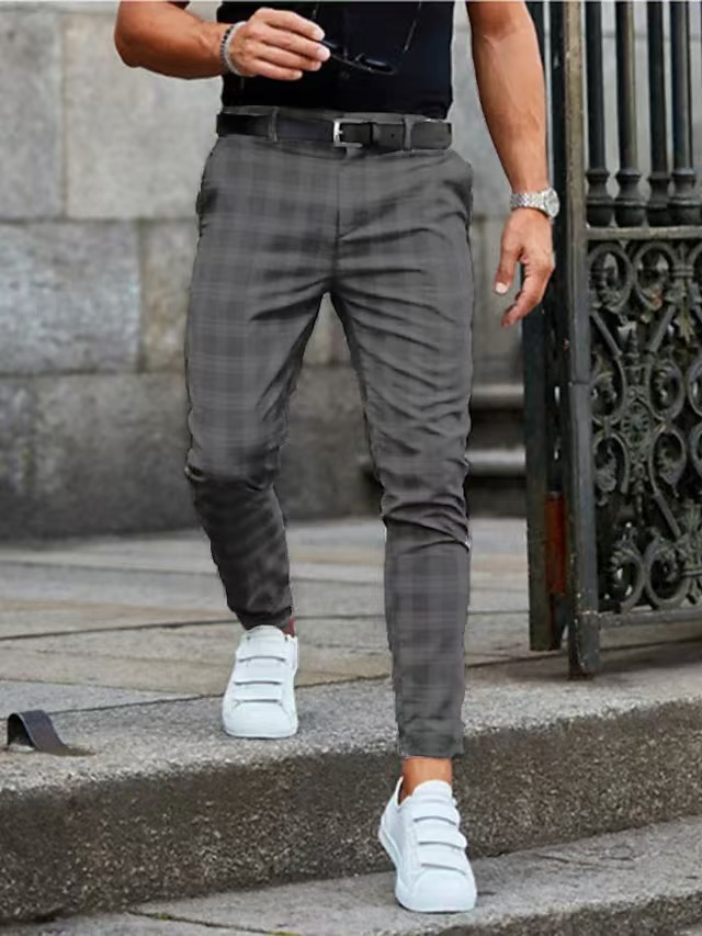 Men's casual checkered print mid rise tailored trousers with slight elasticity