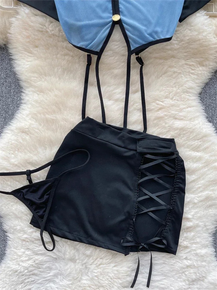 Tornova Preppy Style Sexy Uniform Sets For Women V Neck Sheer TopLace Up Mini SkirtThongs Hollow Out Cosplay Porn Suits 250515