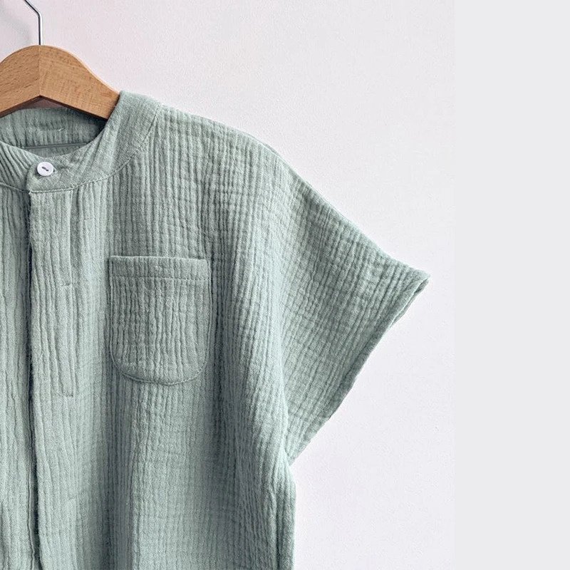100% Cotton Muslin Boys T-shirt Summer Childrens Casual Loose Short-Sleeve Pocket Tops TZ057 250515