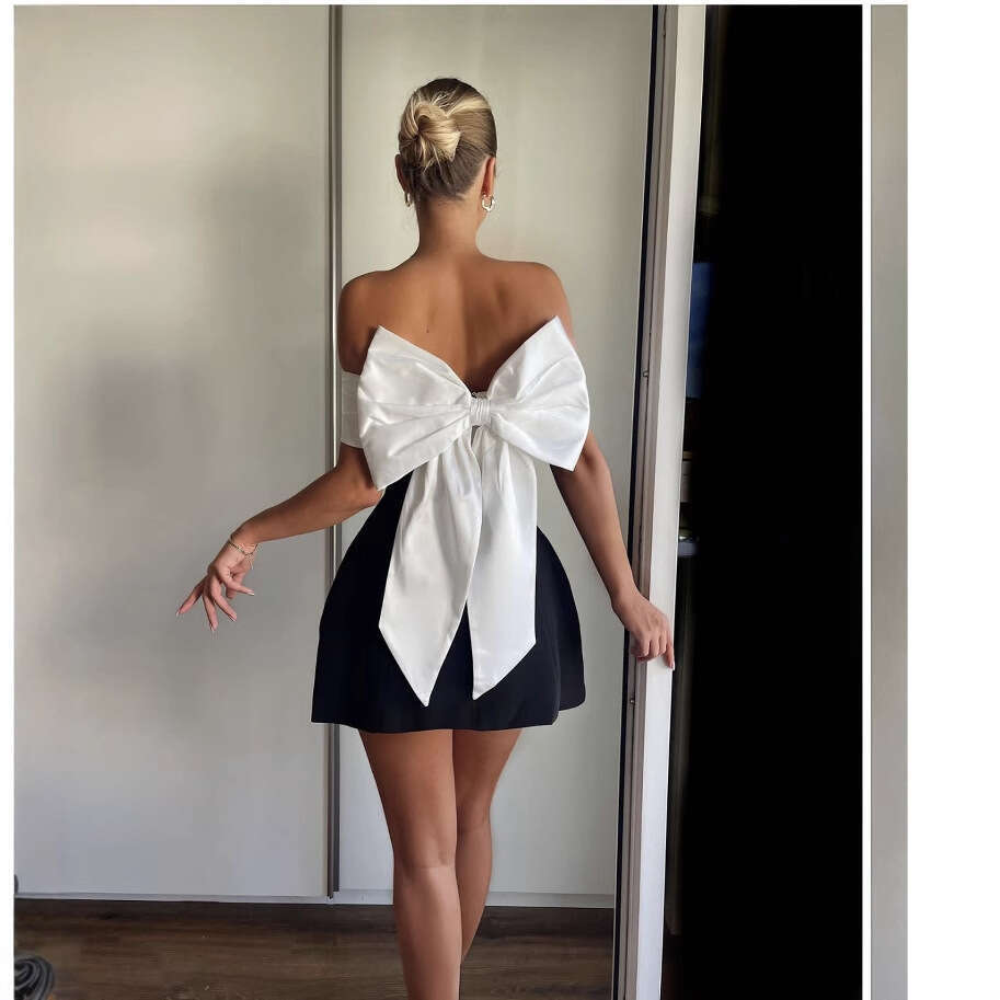 25 Spring/Summer One Shoulder Black and White Contrast Waist A Swing Design Bow Dress LX0114