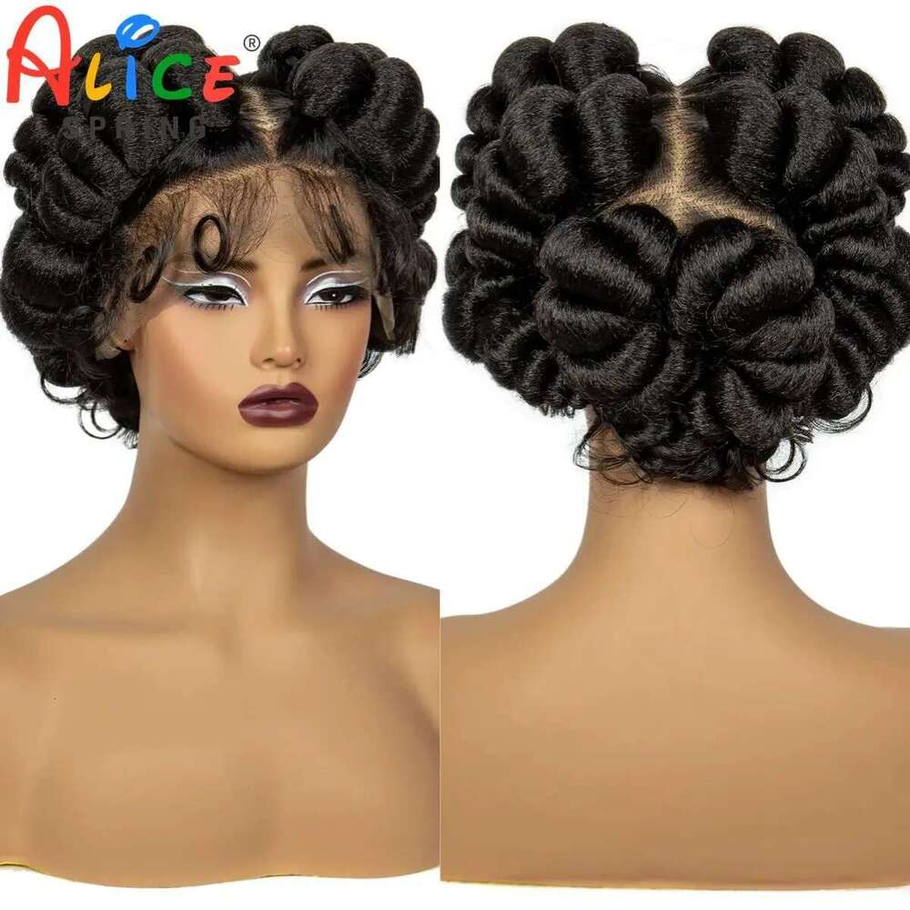 Natural Color 6Inch Transparent Full Short Cute Handmade Bantu Synthetic Braided Lace Wigs Knotless Braids Wig