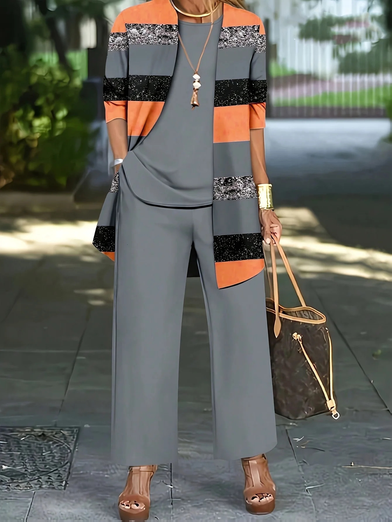 Plus Size 1XL-5XL Womens Fashion Three-Piece Outfit Set Ladies Casual Long Sleeve Cardigan Tank Top and Long Pants Outfits 250514