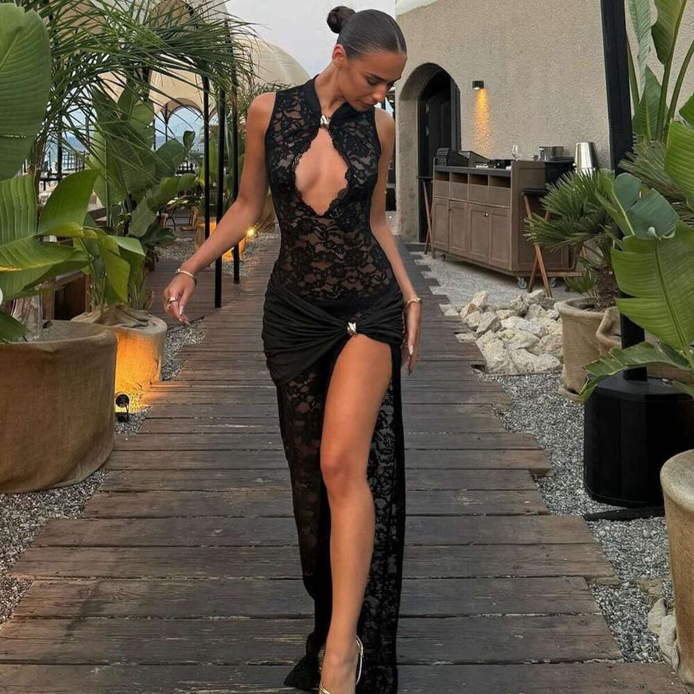 White Dress Maxi Dress Hot Selling New Sexy And Fashionable Lace Hollow Out High Slit Slim Fit Sleeveless Dress For Women KQ