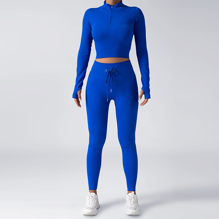 Solid color fashion hot style zipper fitness long sleeve drawstring sports slim high elastic trousers two-piece yoga suit for women