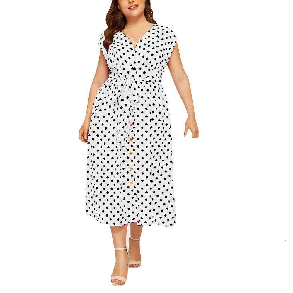 Plus Size Whitedress Vestido De Mujer Women Dresses Womens Dresses New Womens Oversized Polka Dot Dress with Button Up Strap and Waist Cinching V-neck