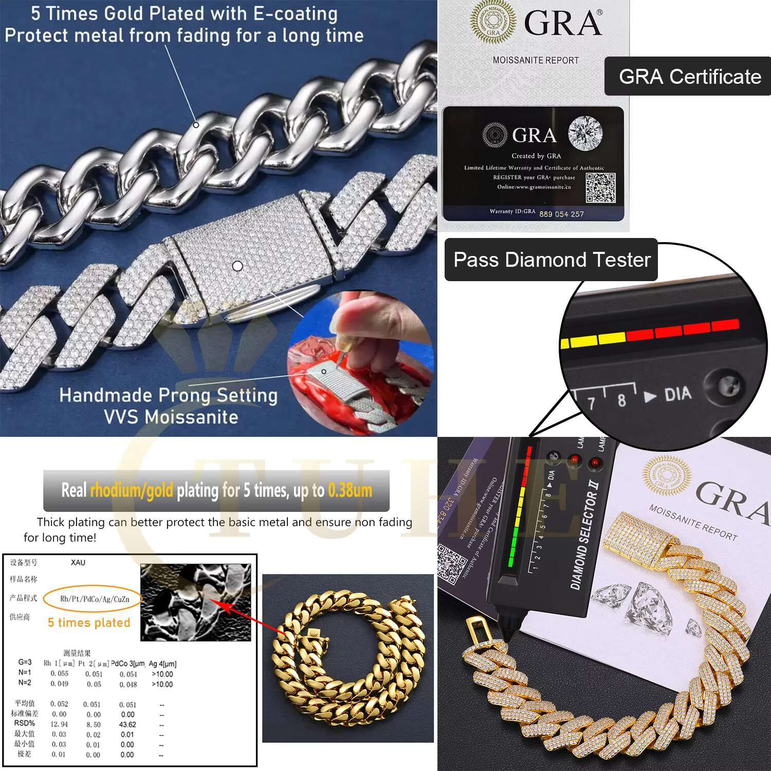 Hip Hop Jewelry Mens 6mm-22mm 14K 18K Gold Plated 925 Sterling Silver VVS Moissanite Diamond Iced Out Cuban Link Chain Bracelet