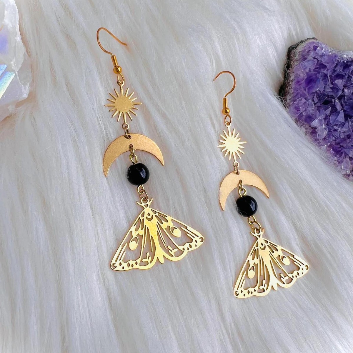 Witchy Inspired Accessories: Artisanal Crescent Pendant and Insect Charm Pairing