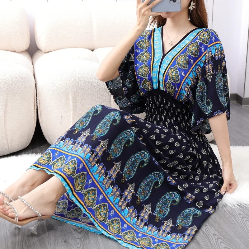 Chic Elegant Office Ladys Dress Short Sleeve High Waist ALine Midi For Women Vintage Female VNeck Retro 250515