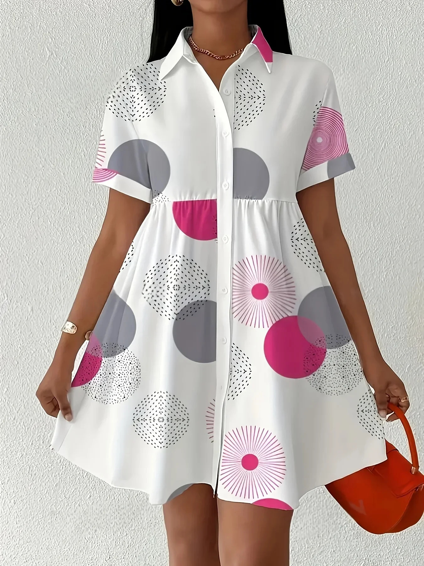 Plus Size 1XL-5XL Womens Summer Cute Fashion Elegant Geometric Print Dress Button-Up with Lapel Collar Short Sleeves Dresses 250509