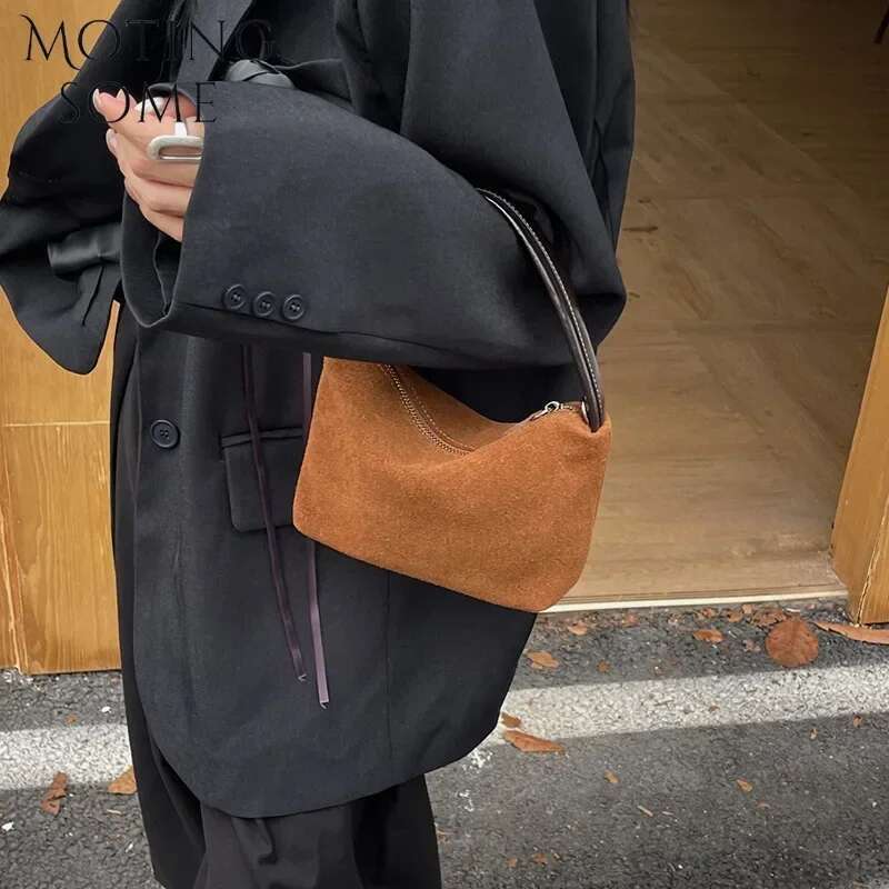 Motingsome Mini Pouch Suede Cowhide Portable Lunch Box New Versatile Hand Bag Retro Shoulder Messenger Purse