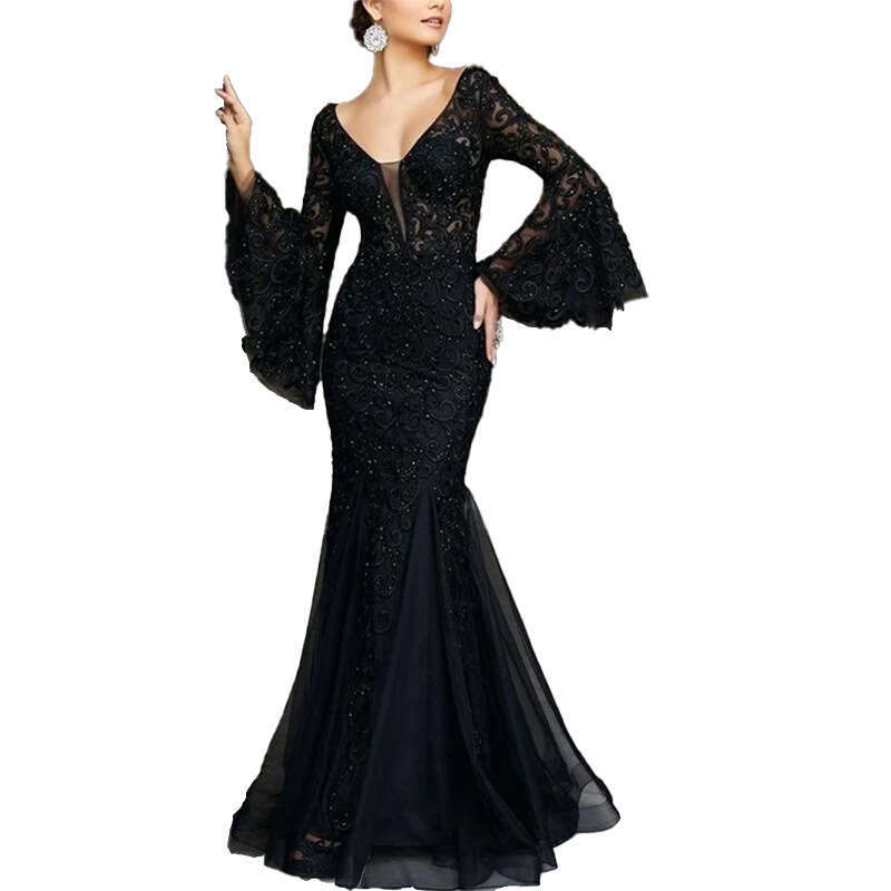 2025 New Women's Lace Embroidered Fish Tail Black Slimming Evening Dress