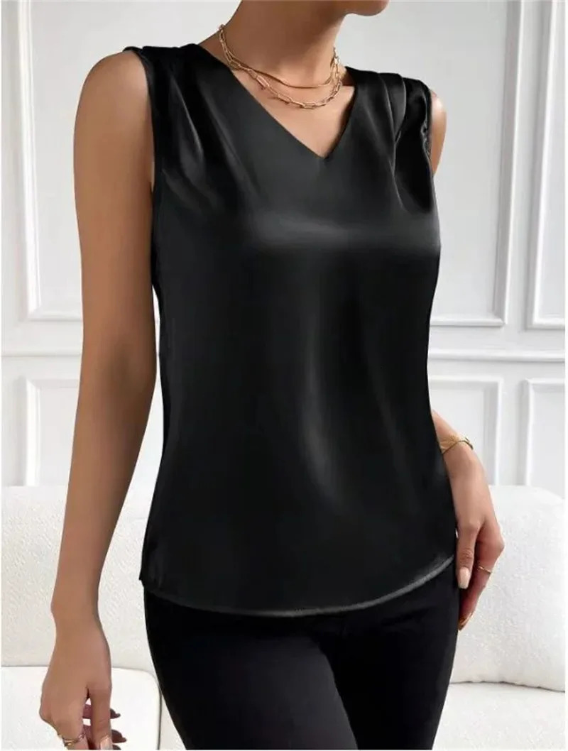 Womens vest elegant temperament Vneck summer vacation simple solid color fashion allmatching sleeveless top 250515