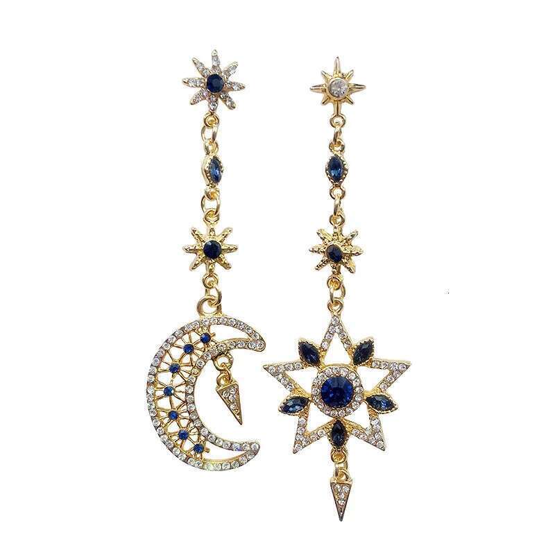 Fashion New Elegant Sier Color Asymmetric Star Moon Long Statement Tassel Sparkling Personalized Earrings Jewelry