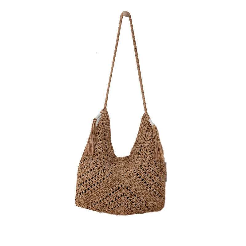 Summer Hollowed Out Cow Horn Shoulder Large Capacity Commuting Cotton Rope Woven Vacation Leisure Beach Women's Bag