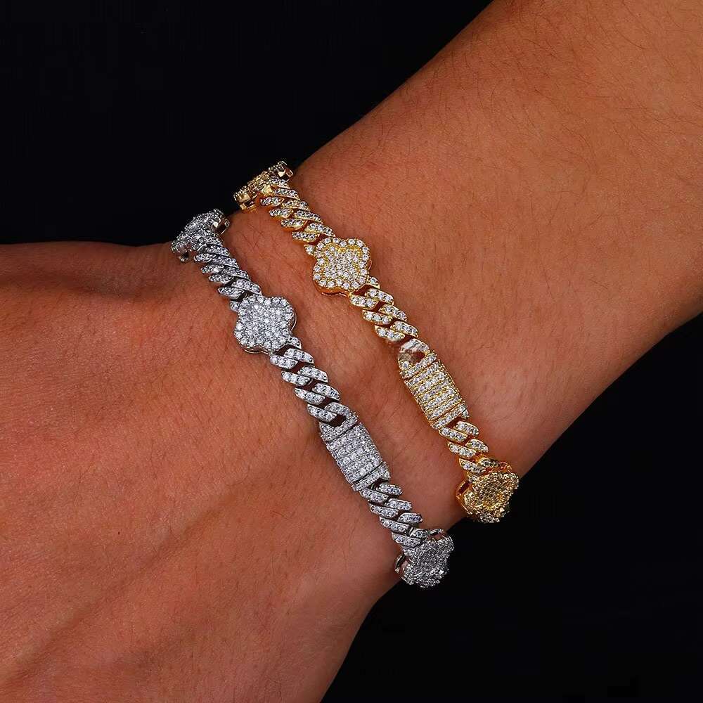 Hip Hop Ice Out Bracelet Jewelry Men 925 Silver 6mm Clover Cuban Chain Geometric Bracelet VVS D Color Moissanite Bracelet Custom