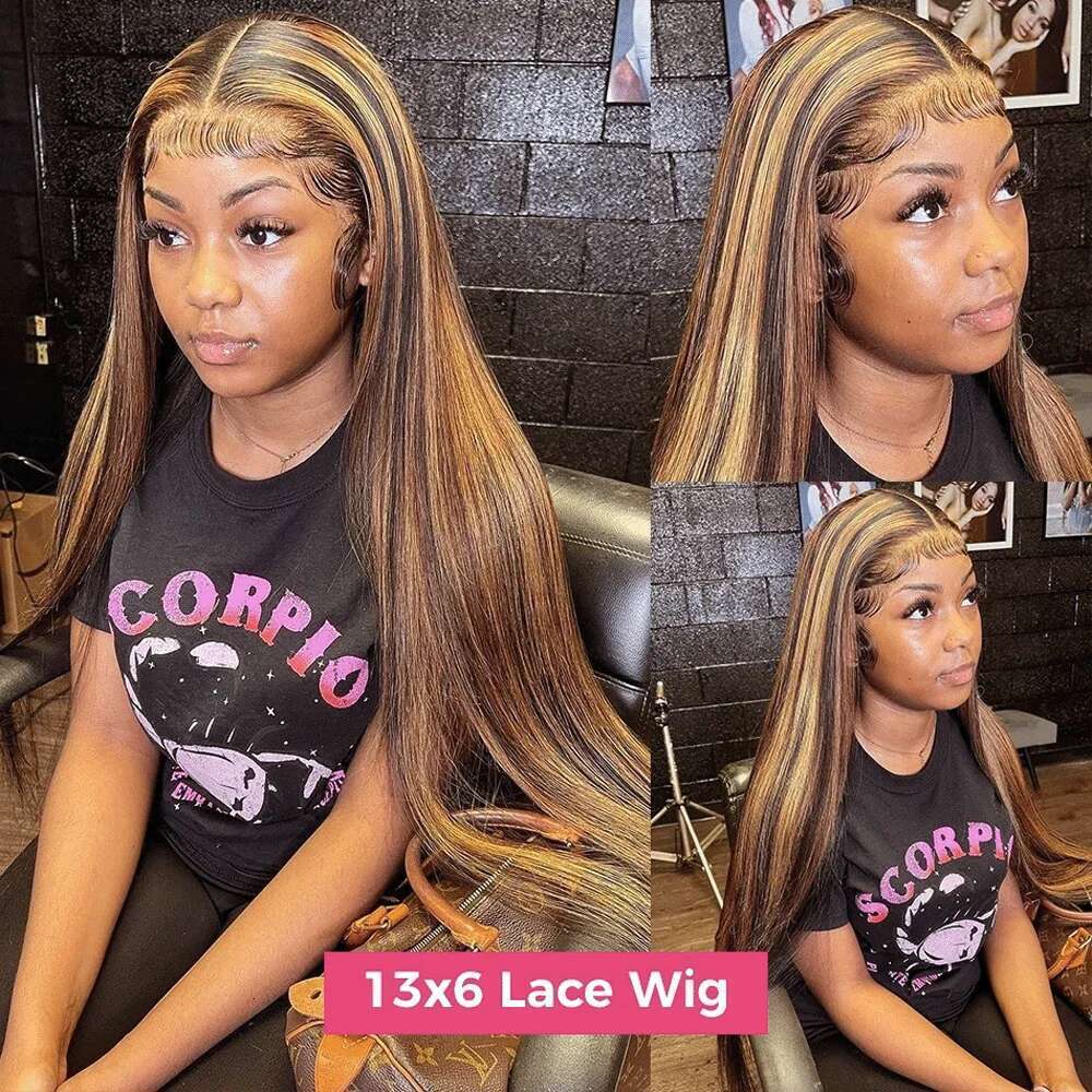 200 Density P4/27 Highlight Full Preplucked Colored Straight Frontal Wig 36Inch HD Transparent Lace Human Hair Wigs