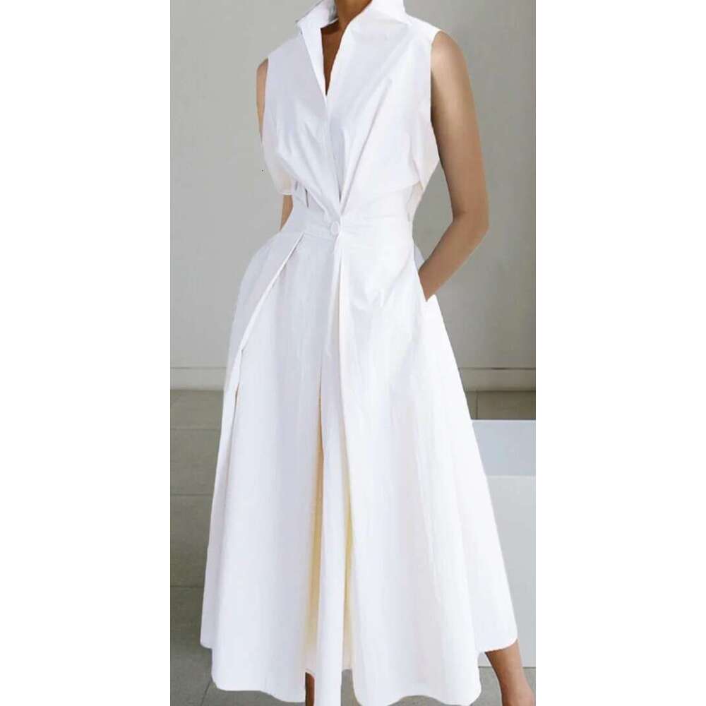 White Dress Maxi Dress 2024 Summer New Commuter Fashion Wave Dot V-Neck Women's Button Fishtail Dress KQ