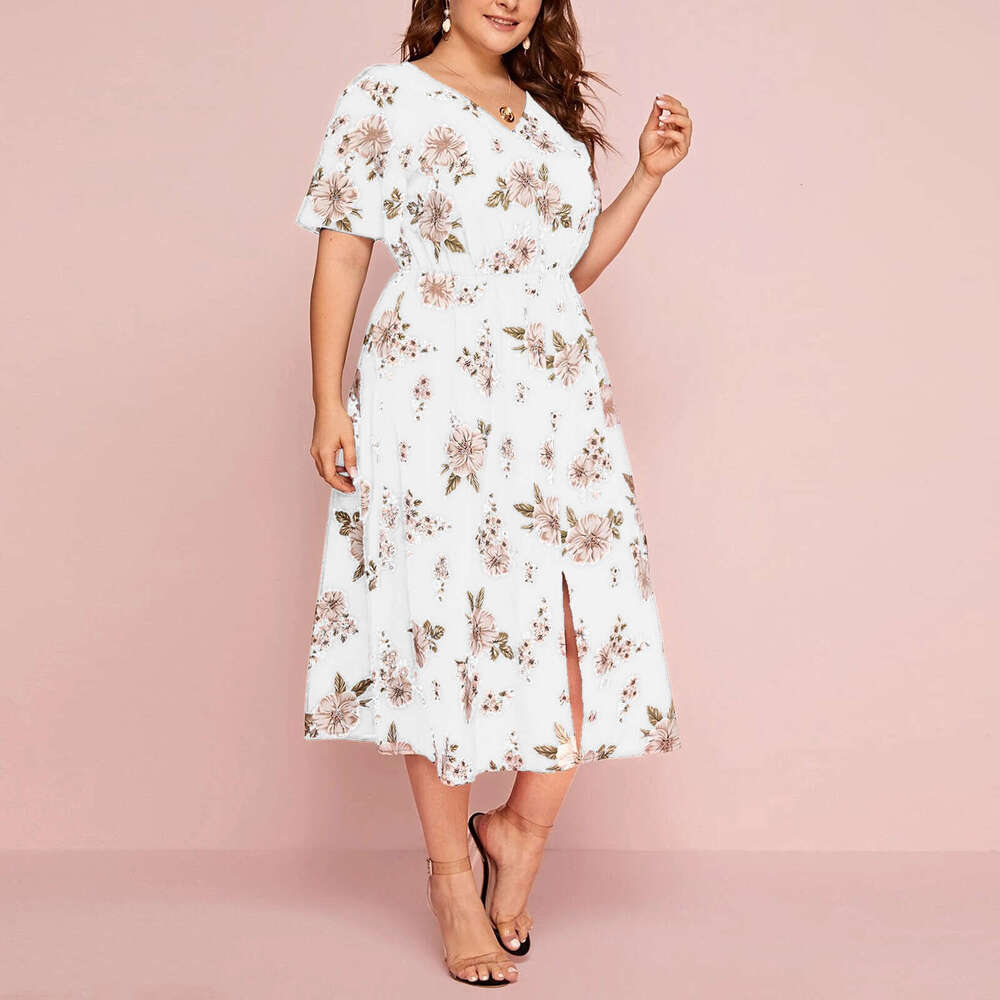 Plus Size Beach Dress Vestidos Fulllace Women Designer Clothing Large Womens Floral Print Short Sleeved Dress with Waistband Loose Slit Medium Length 