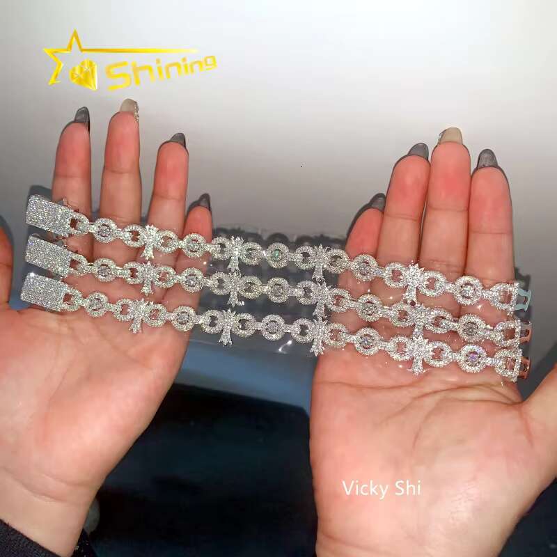 Hip Hop Jewelry 13MM Width 925 Sterling Silver Infinity Moissanite Cuban Bracelet Custom Men Iced Out Cross Moissanite Bracelet